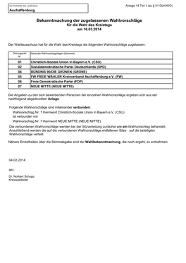 Bekanntmachung Der Zugelassenen Wahlvorschläge Für Die Wahl Des Kreistags Am 16.03.2014