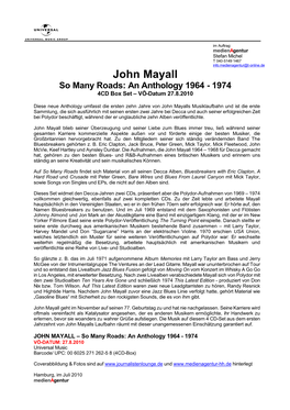 John Mayall So Many Roads: an Anthology 1964 - 1974 4CD Box Set – �����������������