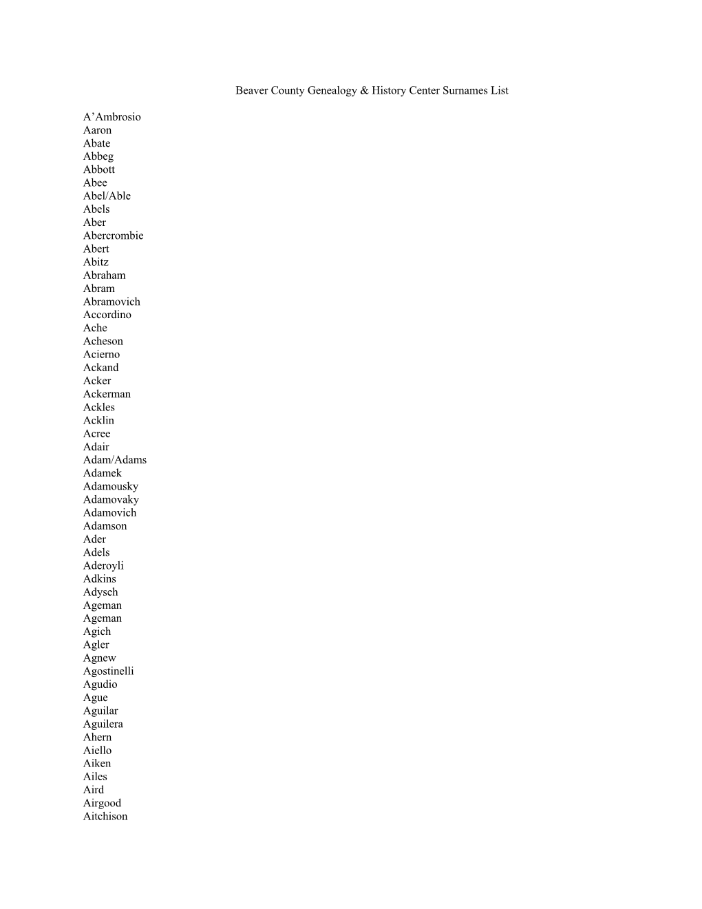 Beaver County Genealogy & History Center Surnames List A'ambrosio Aaron Abate Abbeg Abbott Abee Abel/Able Abels Aber Aberc