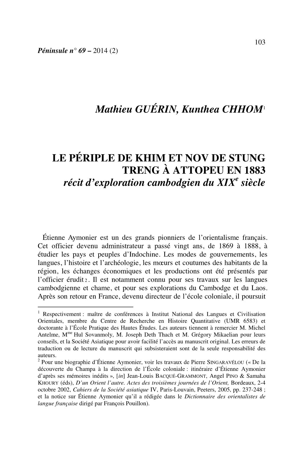 Mathieu GUÉRIN, Kunthea CHHOM1 LE PÉRIPLE DE KHIM ET NOV DE