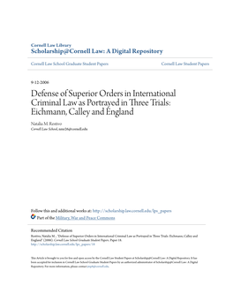 Defense of Superior Orders in International Criminal Law As Portrayed in Three Trials: Eichmann, Calley and England Natalia M