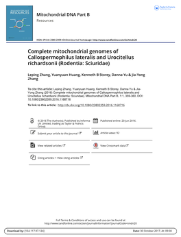 Complete Mitochondrial Genomes of Callospermophilus Lateralis and Urocitellus Richardsonii (Rodentia: Sciuridae)