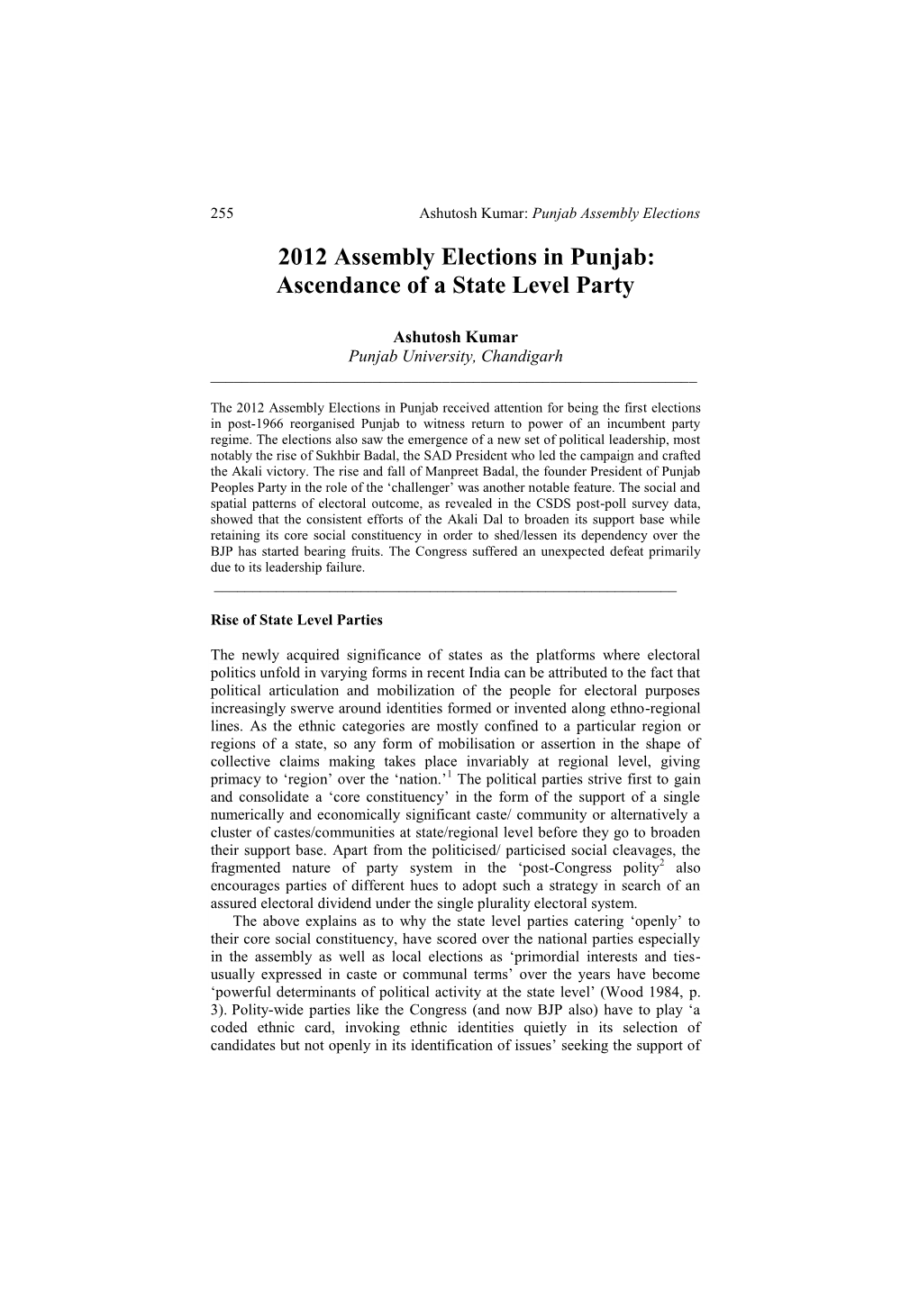 2012 Assembly Elections in Punjab: Ascendance of a State Level Party