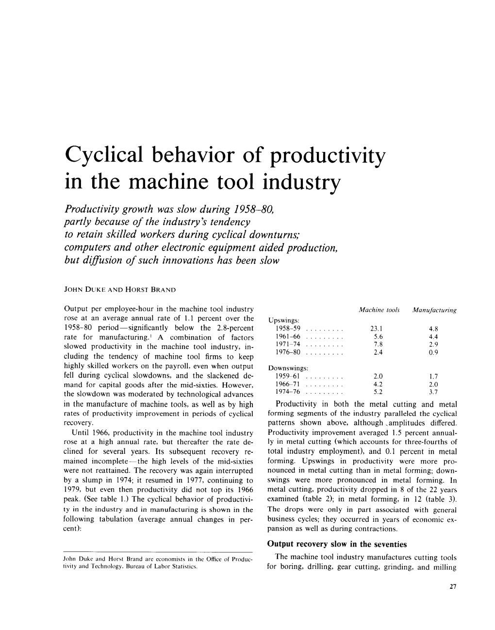 Cyclical Behavior of Productivity in the Machine Tool Industry