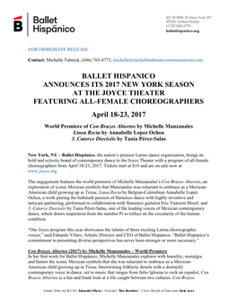 Ballet Hispánico Announces Its 2017 New York