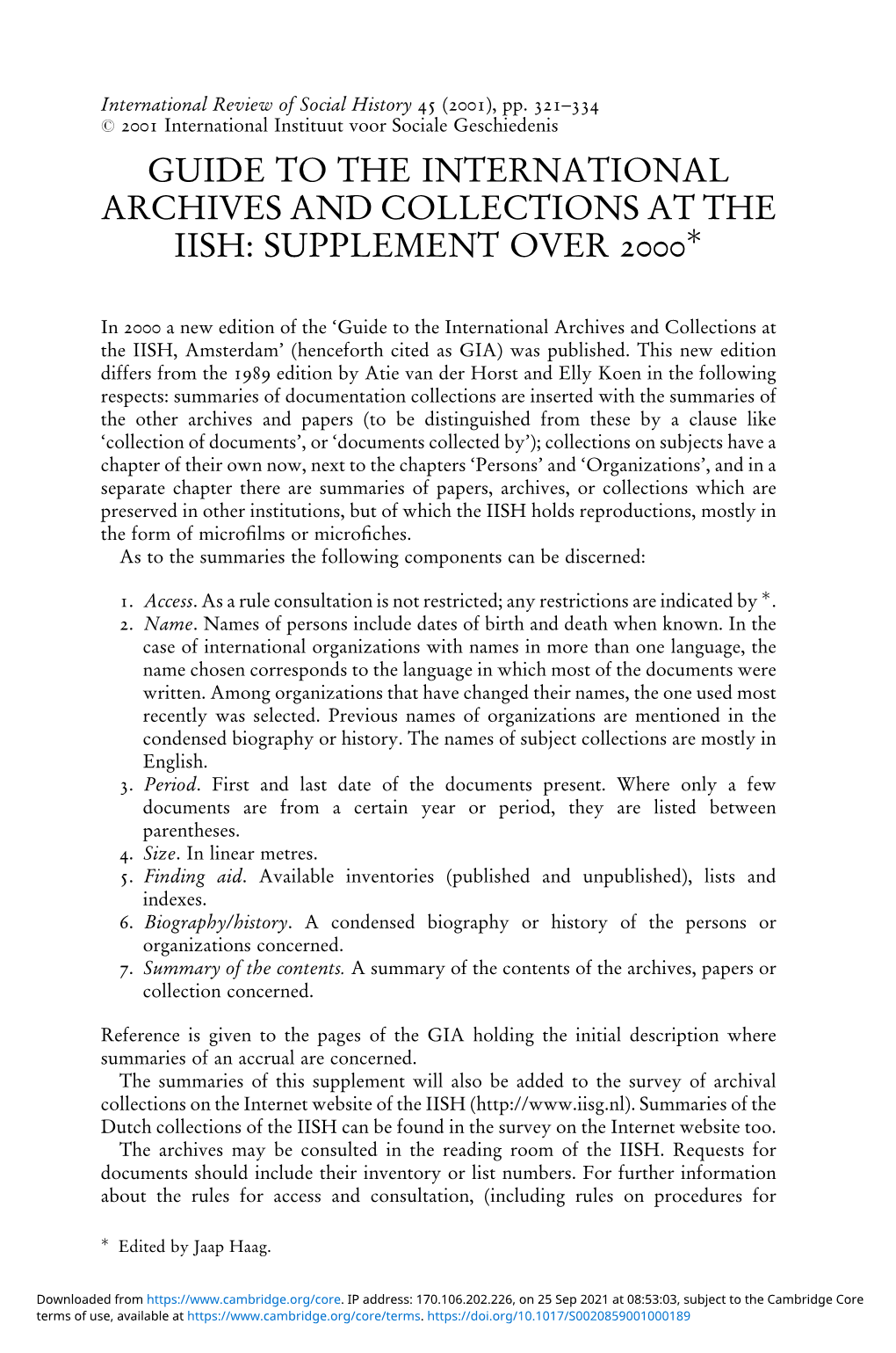 Guide to the International Archives and Collections at the Iish: Supplement Over 2000Ã