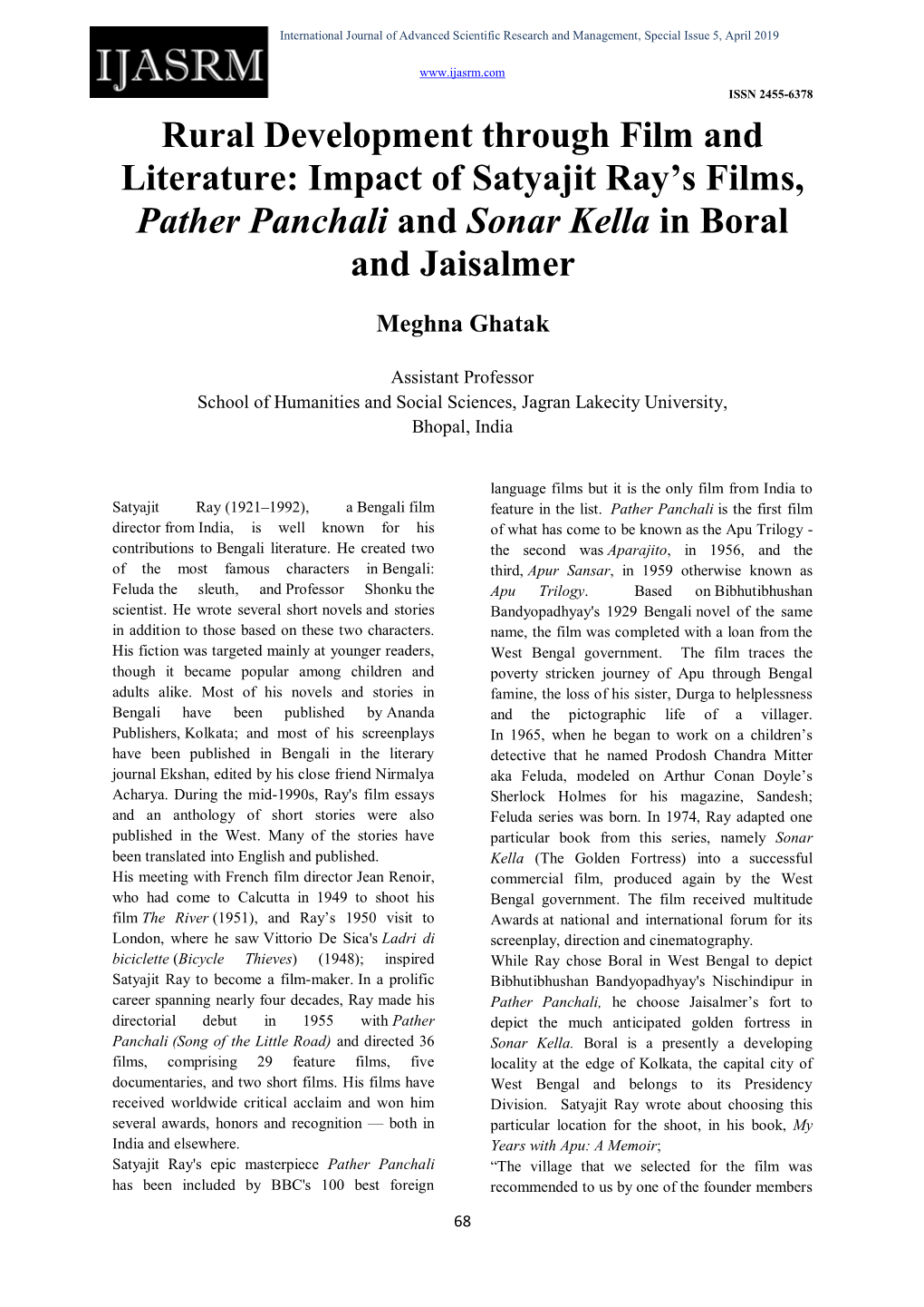 Impact of Satyajit Ray's Films, Pather Panchali and Sonar Kella