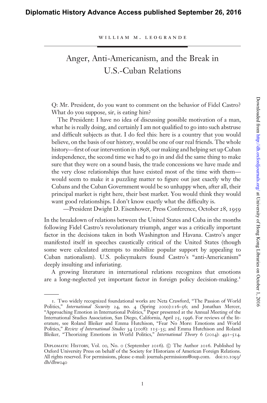 Anger, Anti-Americanism, and the Break in U.S.-Cuban Relations Downloaded from Q: Mr