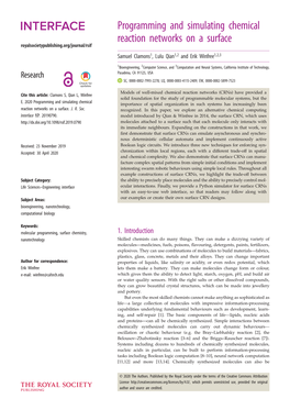 Programming and Simulating Chemical Reaction Networks on a Surface Royalsocietypublishing.Org/Journal/Rsif Samuel Clamons1, Lulu Qian1,2 and Erik Winfree1,2,3