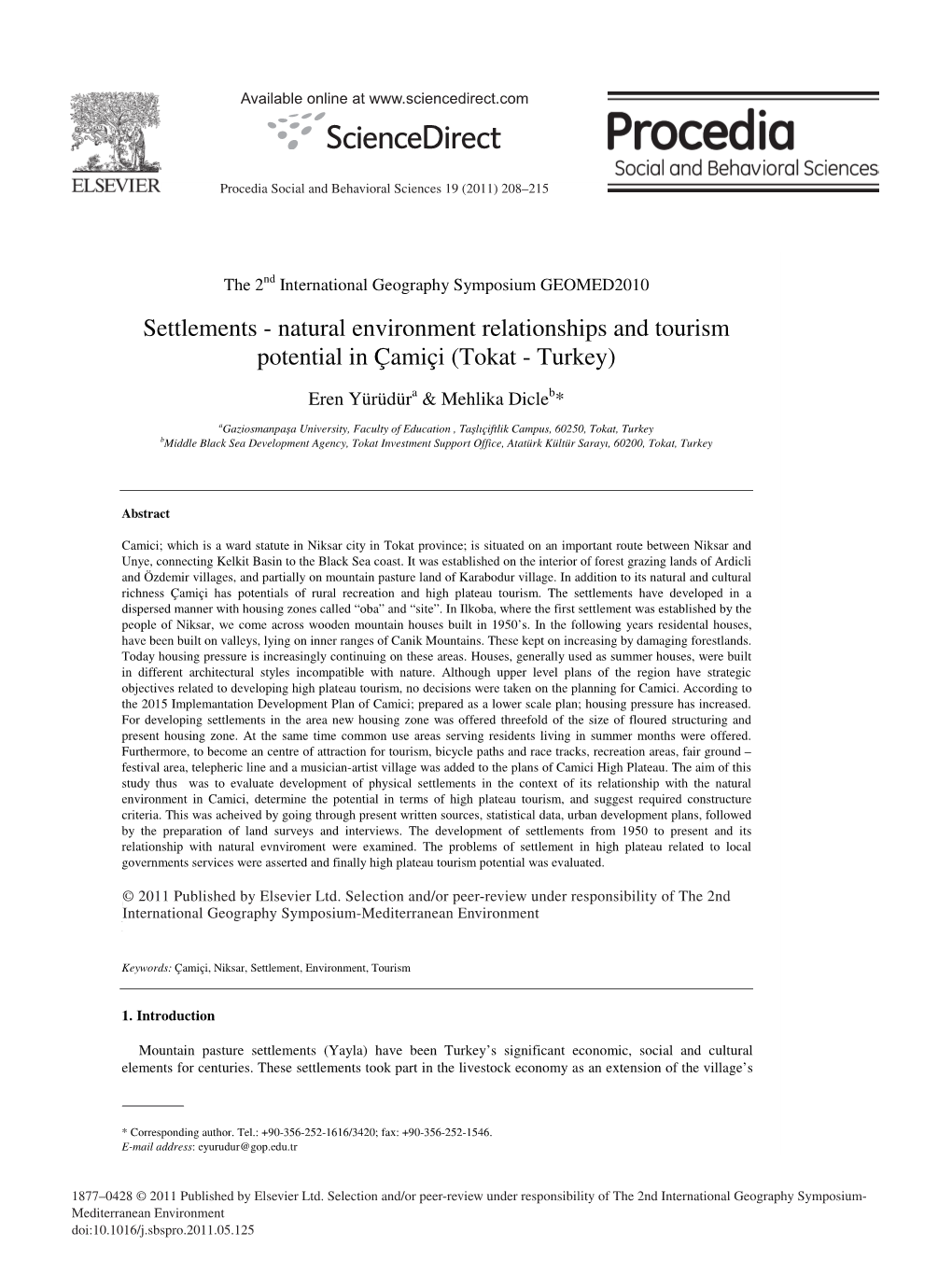 Settlements - Natural Environment Relationships and Tourism Potential in Çamiçi (Tokat - Turkey)