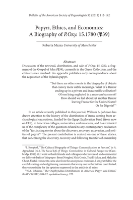 Papyri, Ethics, and Economics: a Biography of P.Oxy