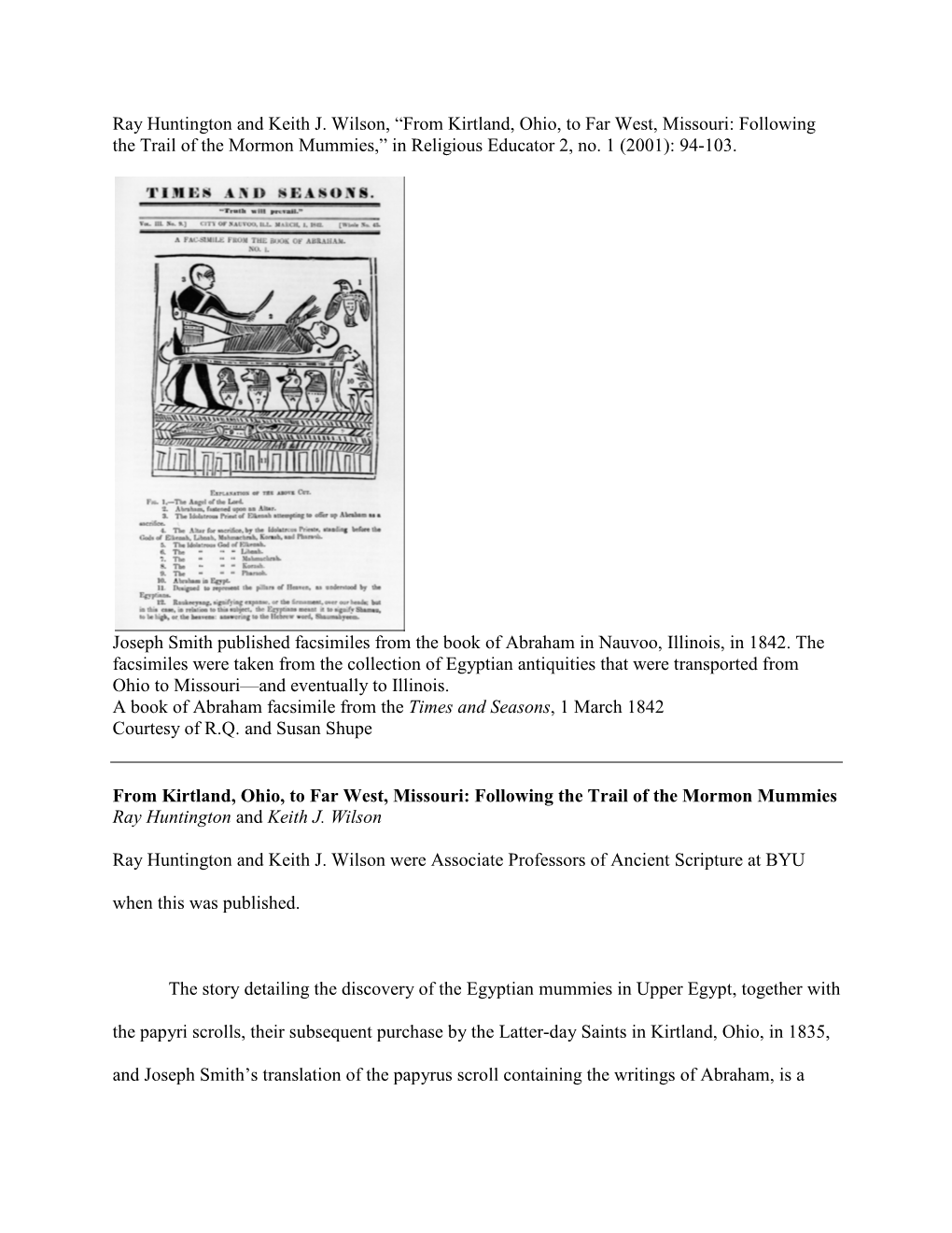 From Kirtland, Ohio, to Far West, Missouri: Following the Trail of the Mormon Mummies,” in Religious Educator 2, No