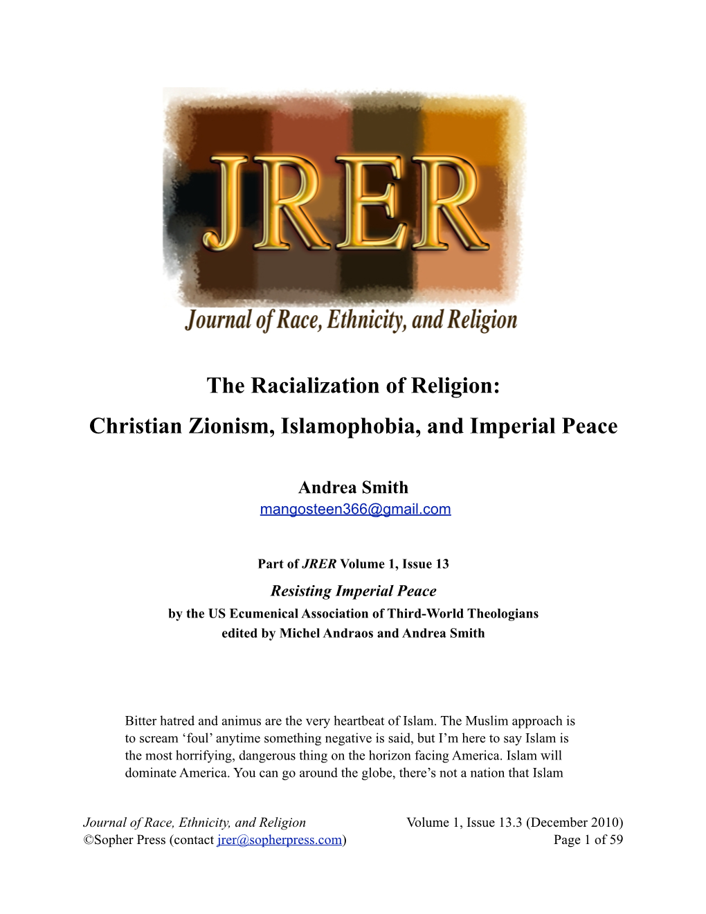 Christian Zionism, Islamophobia, and Imperial Peace