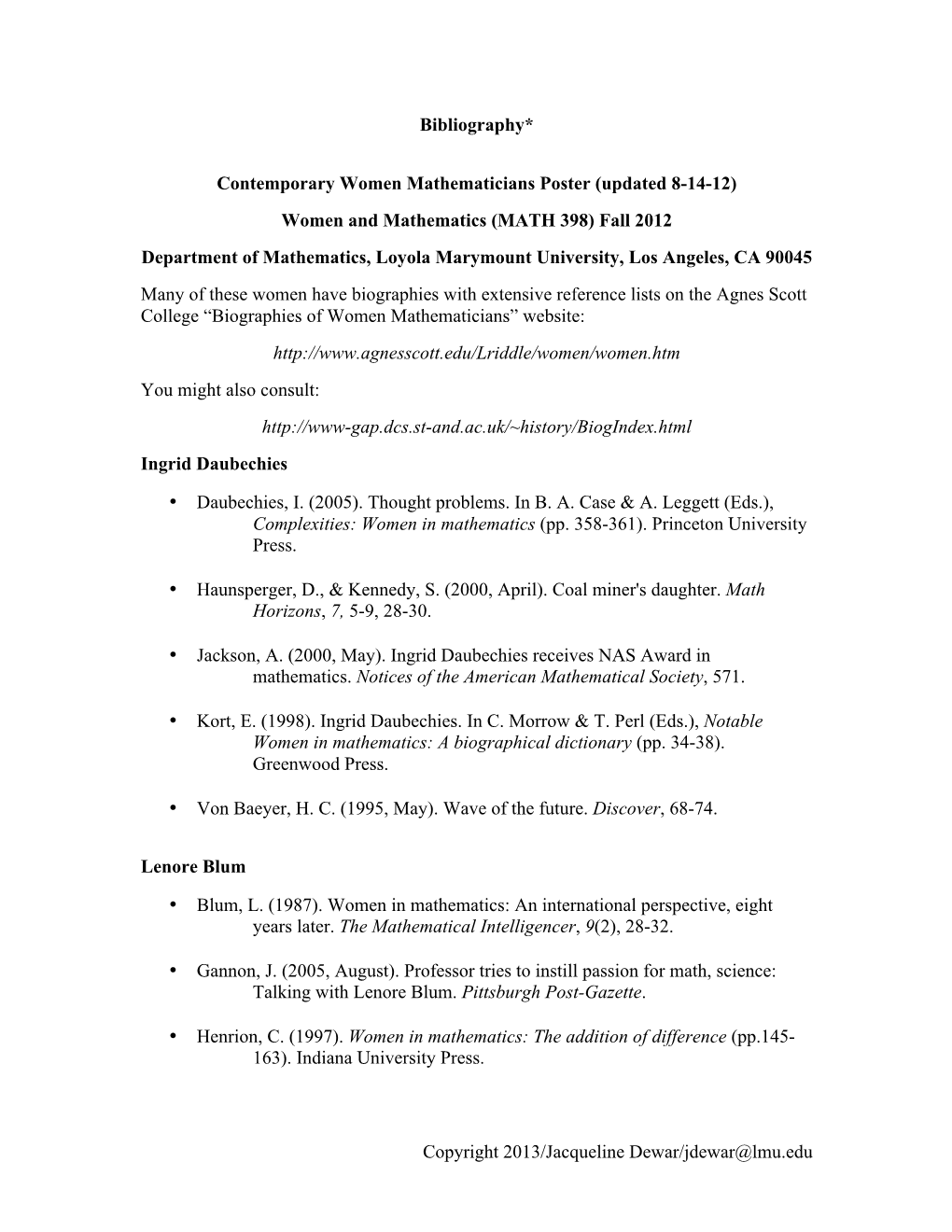 Contemporary Women Mathematicians Bibliography