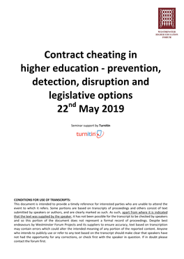 Contract Cheating in Higher Education - Prevention, Detection, Disruption and Legislative Options 22Nd May 2019