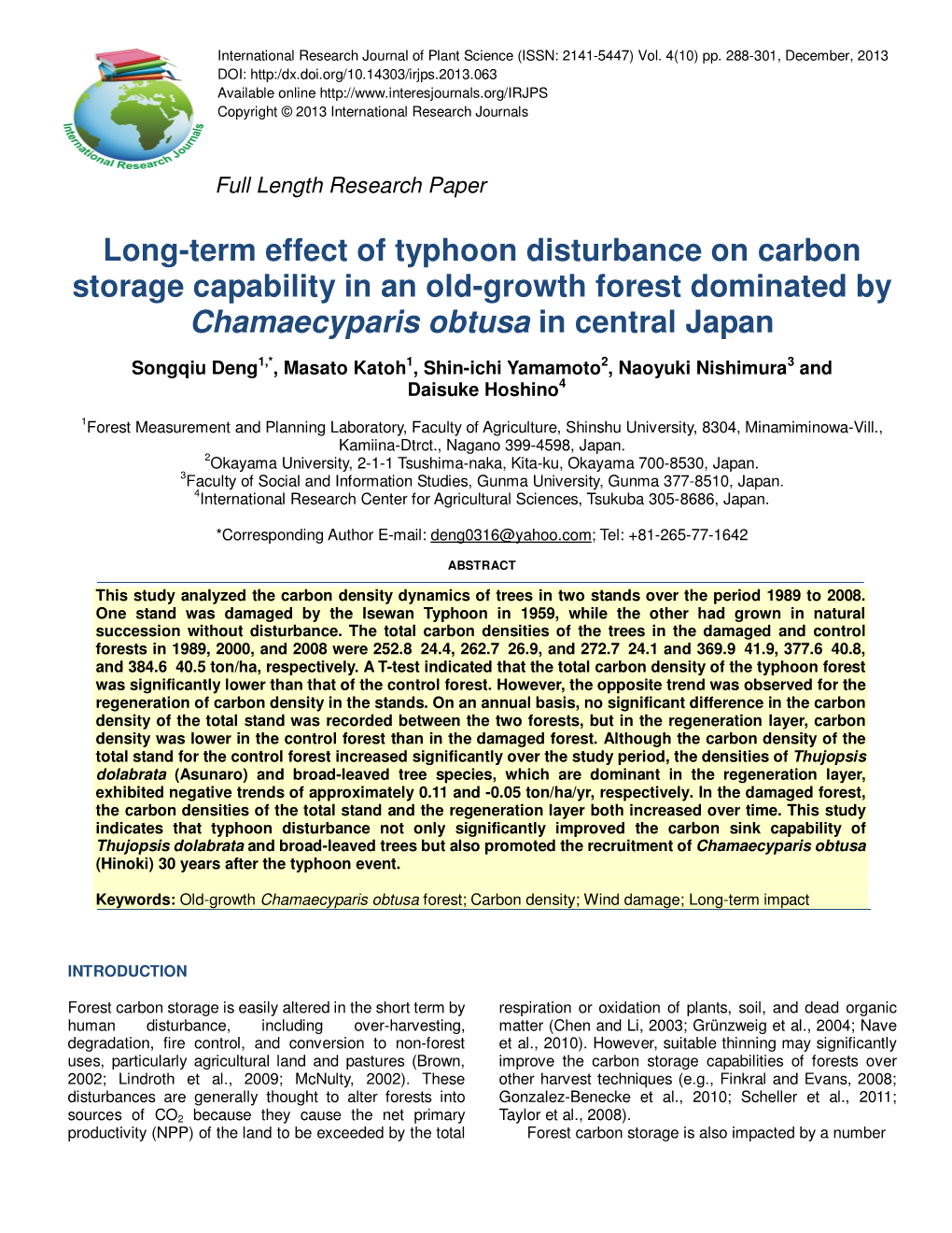 Long-Term Effect of Typhoon Disturbance on Carbon Storage Capability in an Old-Growth Forest Dominated by Chamaecyparis Obtusa in Central Japan