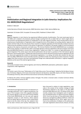 Politicization and Regional Integration in Latin America: Implications for EU–MERCOSUR Negotiations?