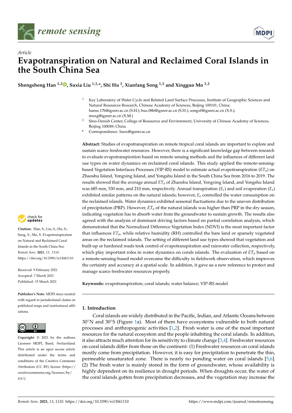 Evapotranspiration on Natural and Reclaimed Coral Islands in the South China Sea