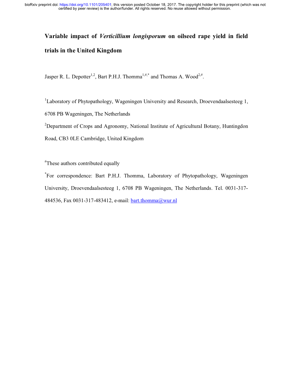 Variable Impact of Verticillium Longisporum on Oilseed Rape Yield in Field