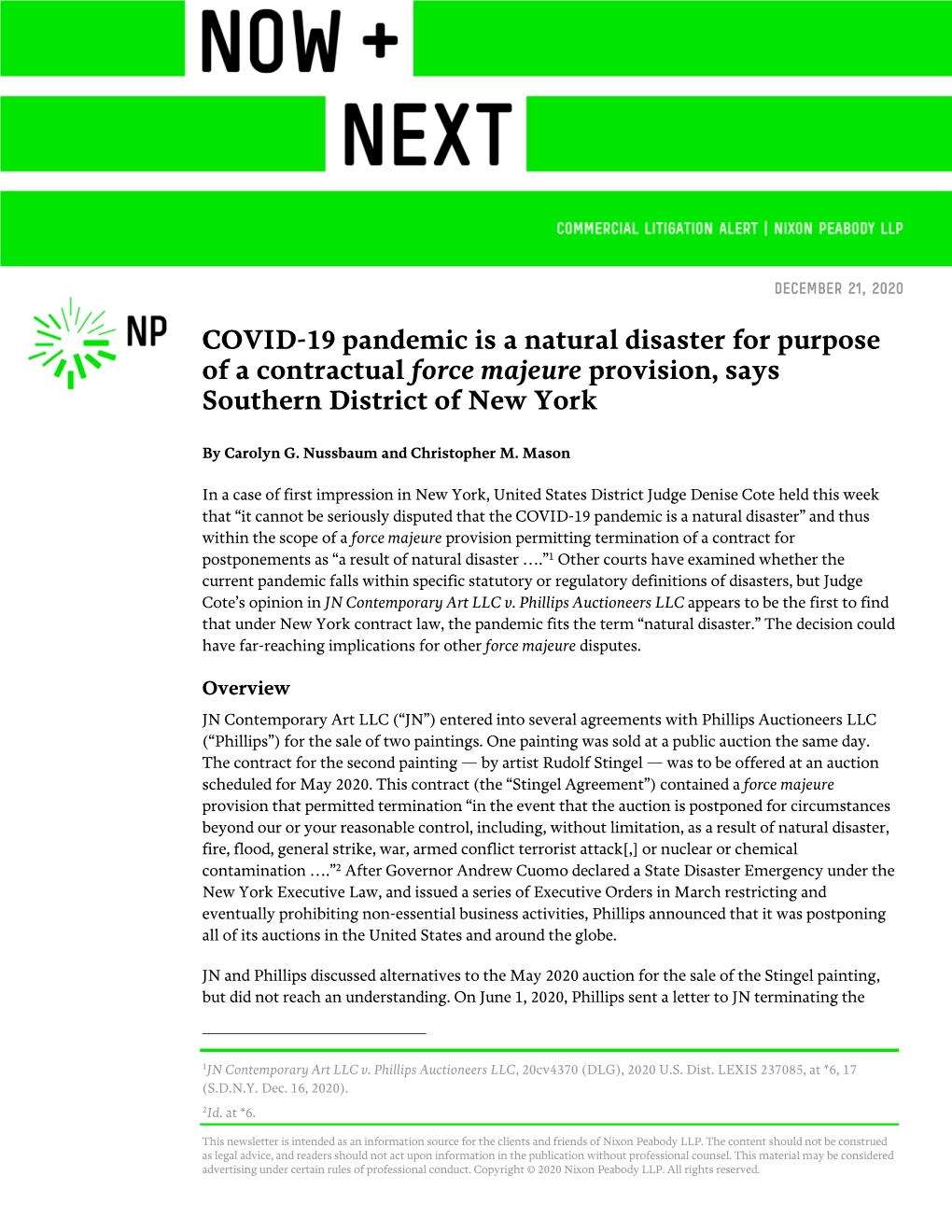 COVID-19 Pandemic Is a Natural Disaster for Purpose of a Contractual Force Majeure Provision, Says Southern District of New York