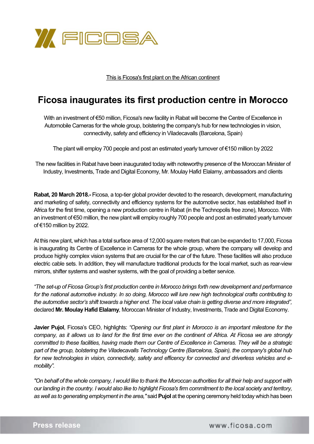 Ficosa Inaugurates Its First Production Centre in Morocco