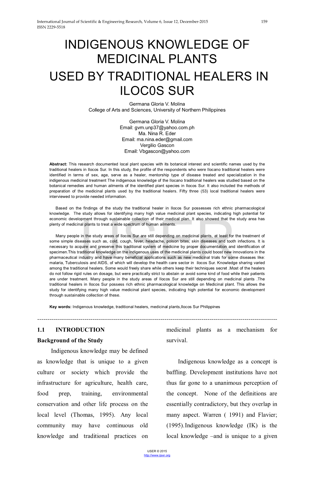 INDIGENOUS KNOWLEDGE of MEDICINAL PLANTS USED by TRADITIONAL HEALERS in ILOC0S SUR Germana Gloria V