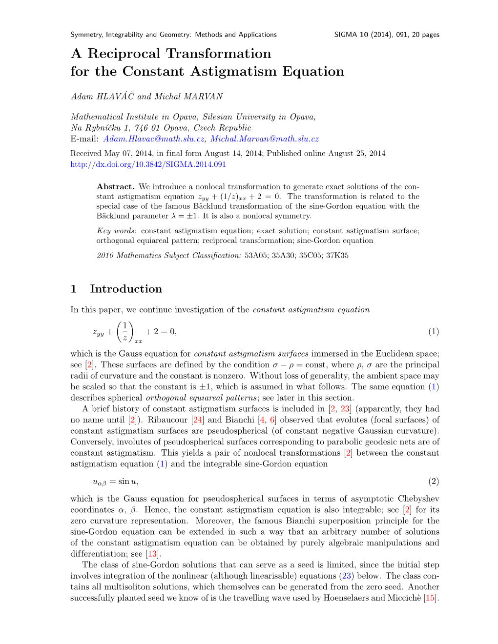 A Reciprocal Transformation for the Constant Astigmatism Equation