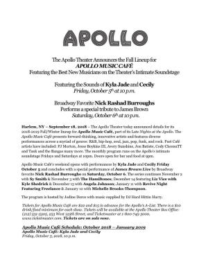 APOLLO MUSIC CAFÉ Featuring the Best New Musicians on the Theater’S Intimate Soundstage