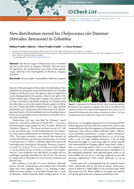 New Distribution Record for Chelyocarpus Ulei Dammer (Arecales: Arecaceae) in Colombia