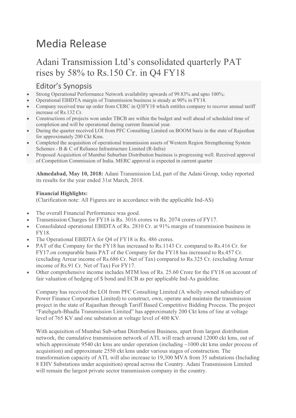 Media Release Adani Transmission Ltd’S Consolidated Quarterly PAT Rises by 58% to Rs.150 Cr