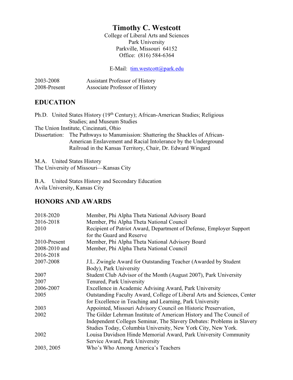 Dr. Timothy Westcott Curriculum Vitae