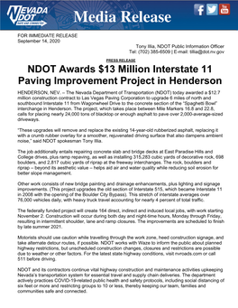 NDOT Awards $13 Million Interstate 11 Paving Improvement Project in Henderson