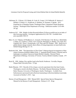 Literature Cited for Proposed Listing and Critical Habitat Rule for Island Marble Butterfly Adelsman, H., J. Ekrem, LW Binder