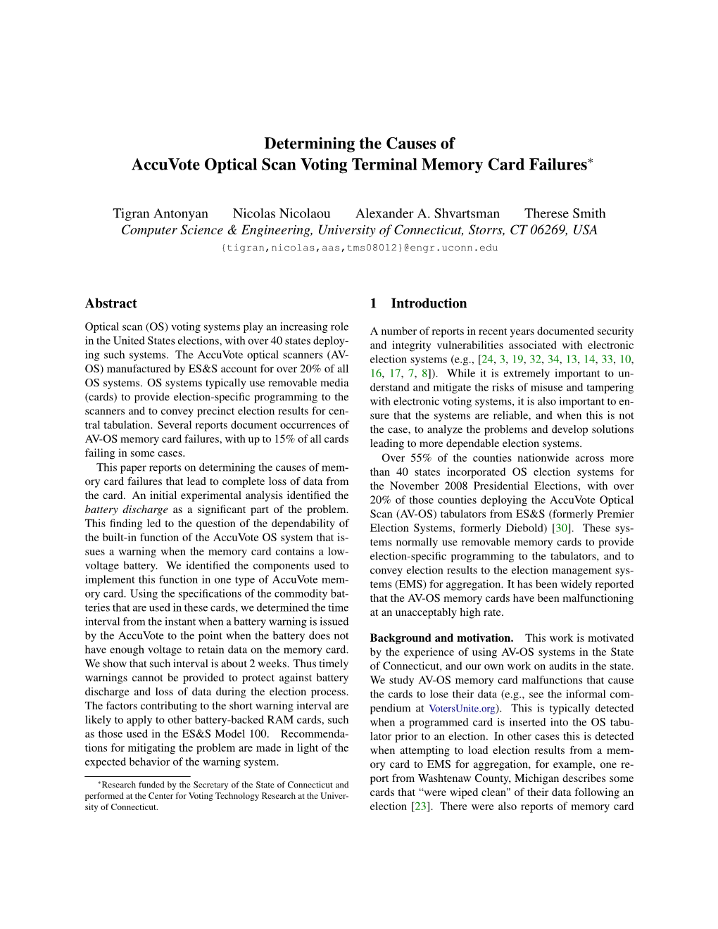 Determining the Causes of Accuvote Optical Scan Voting Terminal Memory Card Failures∗