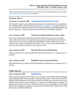 Classes of 1951 Reunion Week Schedule of Events Thursday, May 27–Friday, June 4, 2021
