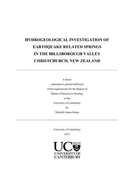 Hydrogeological Investigation of Earthquake Related Springs in the Hillsborough Valley Christchurch, New Zealand