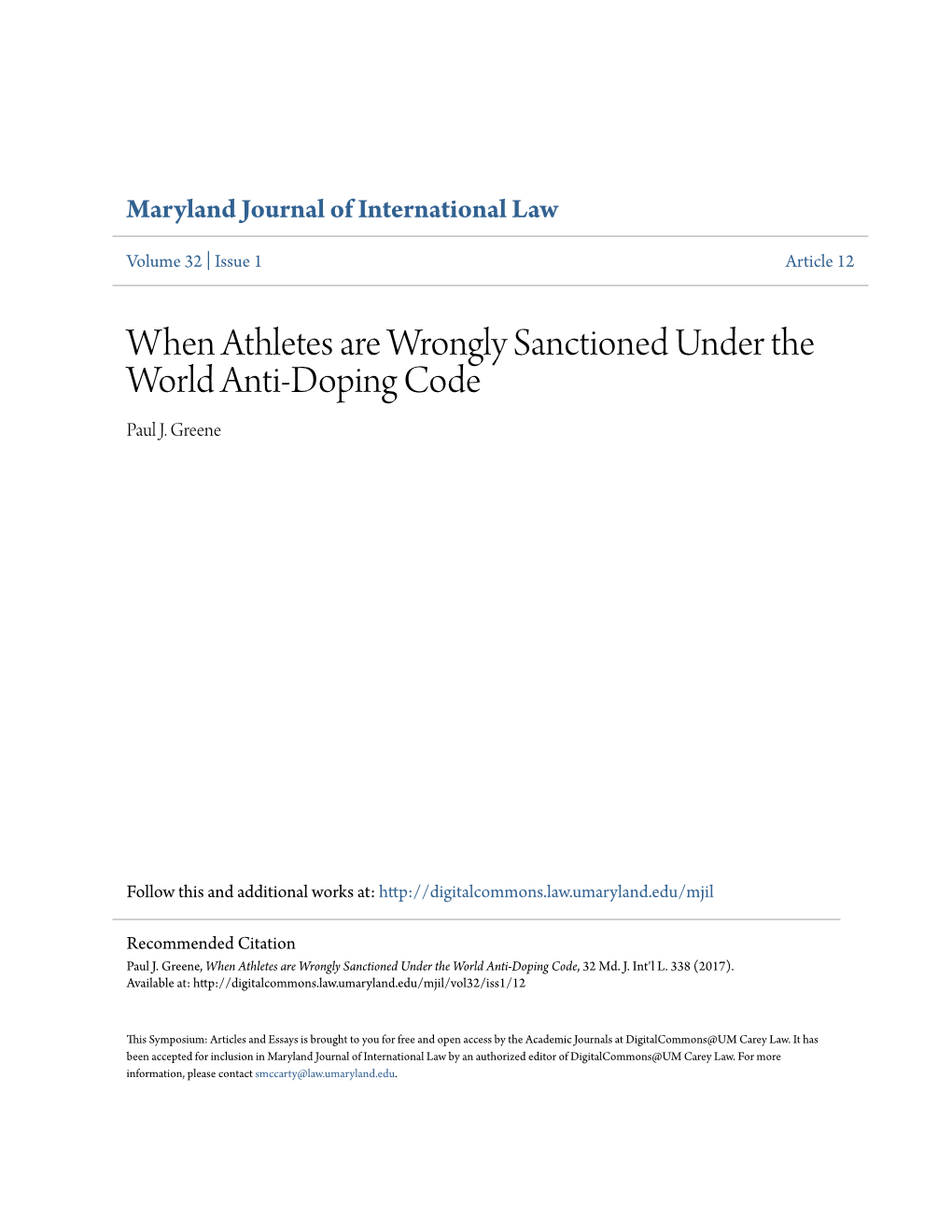 When Athletes Are Wrongly Sanctioned Under the World Anti-Doping Code Paul J