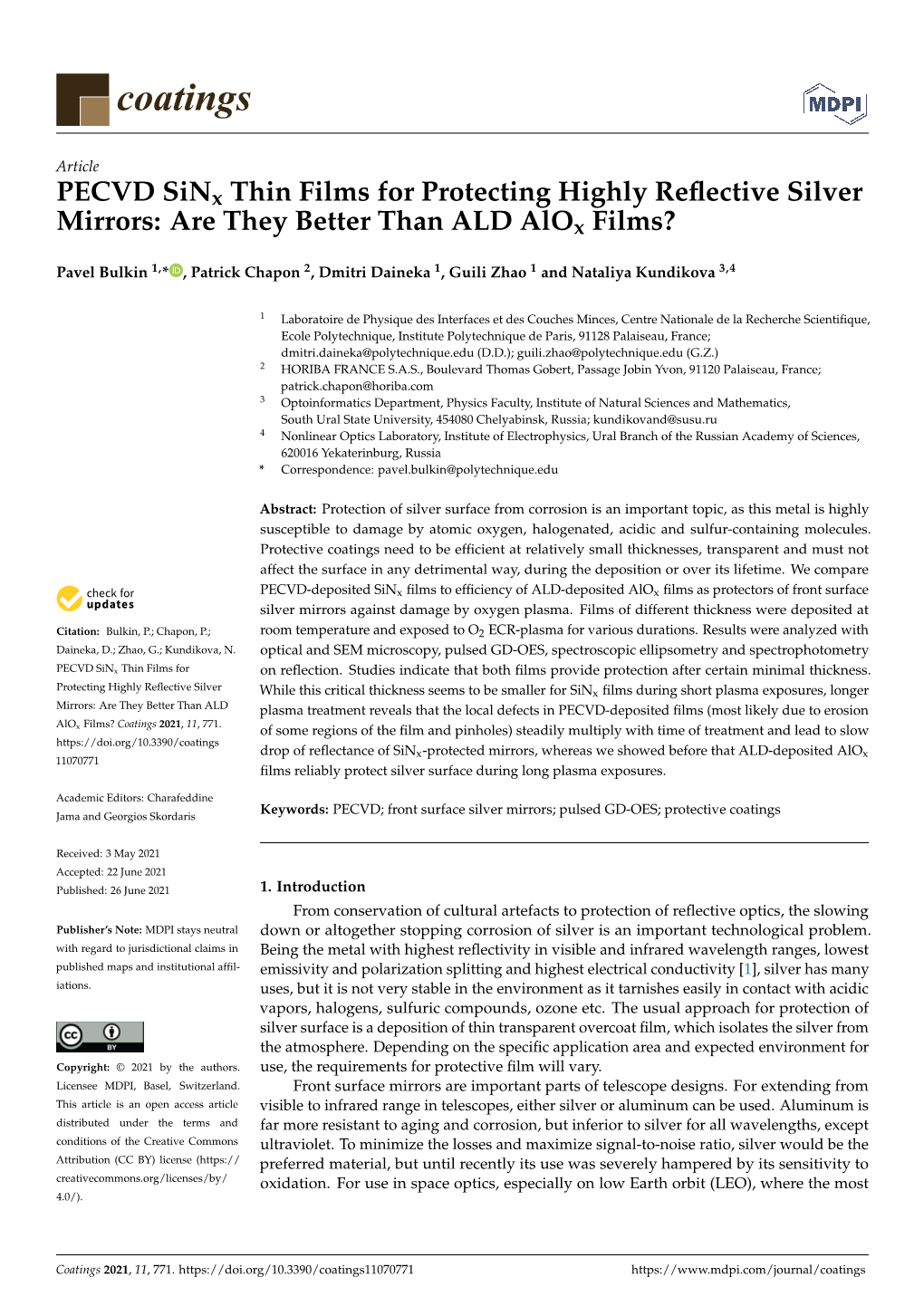 PECVD Sinx Thin Films for Protecting Highly Reflective Silver Mirrors