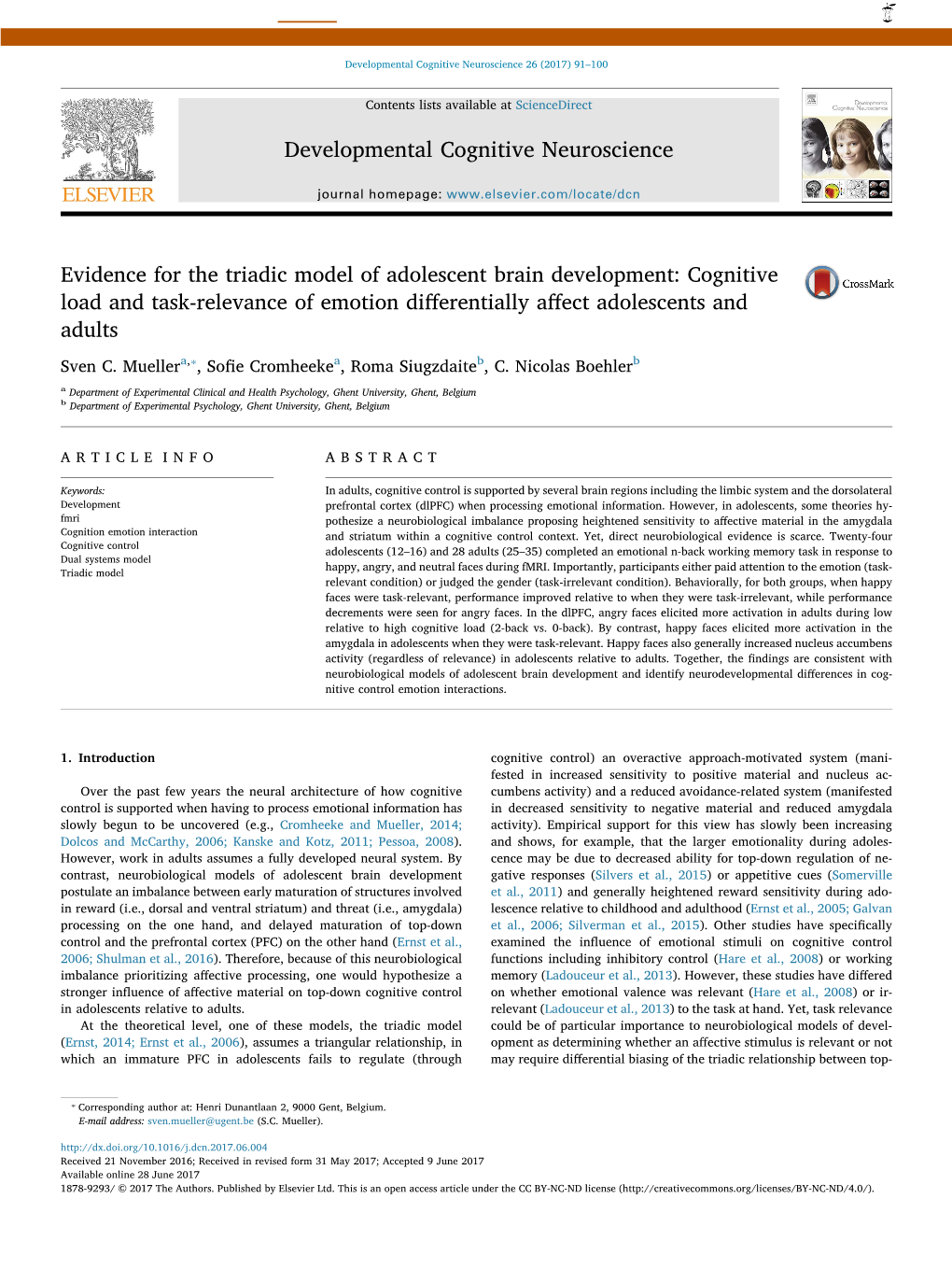 Evidence for the Triadic Model of Adolescent Brain Development: Cognitive MARK Load and Task-Relevance of Emotion Diﬀerentially Aﬀect Adolescents and Adults ⁎ Sven C