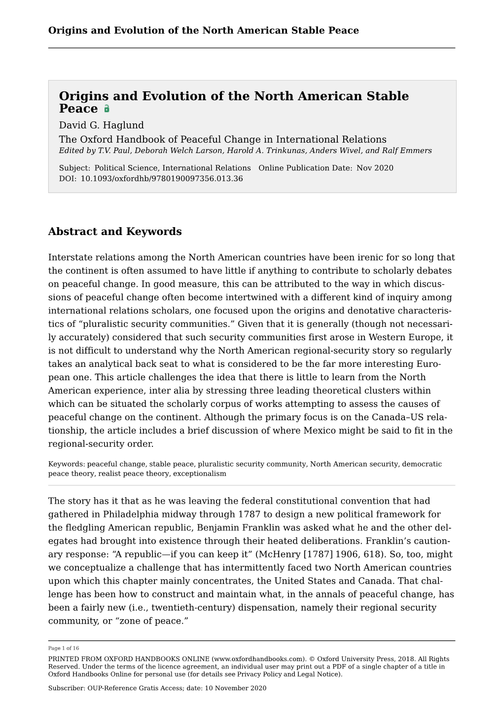 Origins and Evolution of the North American Stable Peace