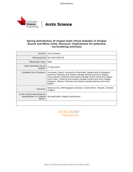 Spring Distribution of Ringed Seals (Pusa Hispida) in Eclipse Sound and Milne Inlet, Nunavut: Implications for Potential Ice-Breaking Activities