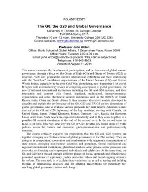 The G8, the G20 and Global Governance University of Toronto, St