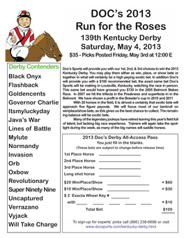 2013 Doc's Kentucky Derby Picks Sheet