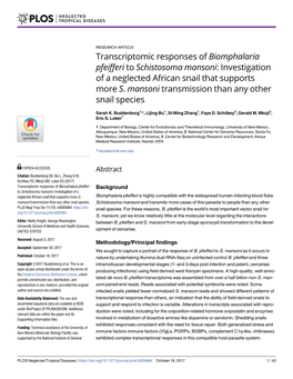 Transcriptomic Responses of Biomphalaria Pfeifferi to Schistosoma Mansoni: Investigation of a Neglected African Snail That Supports More S