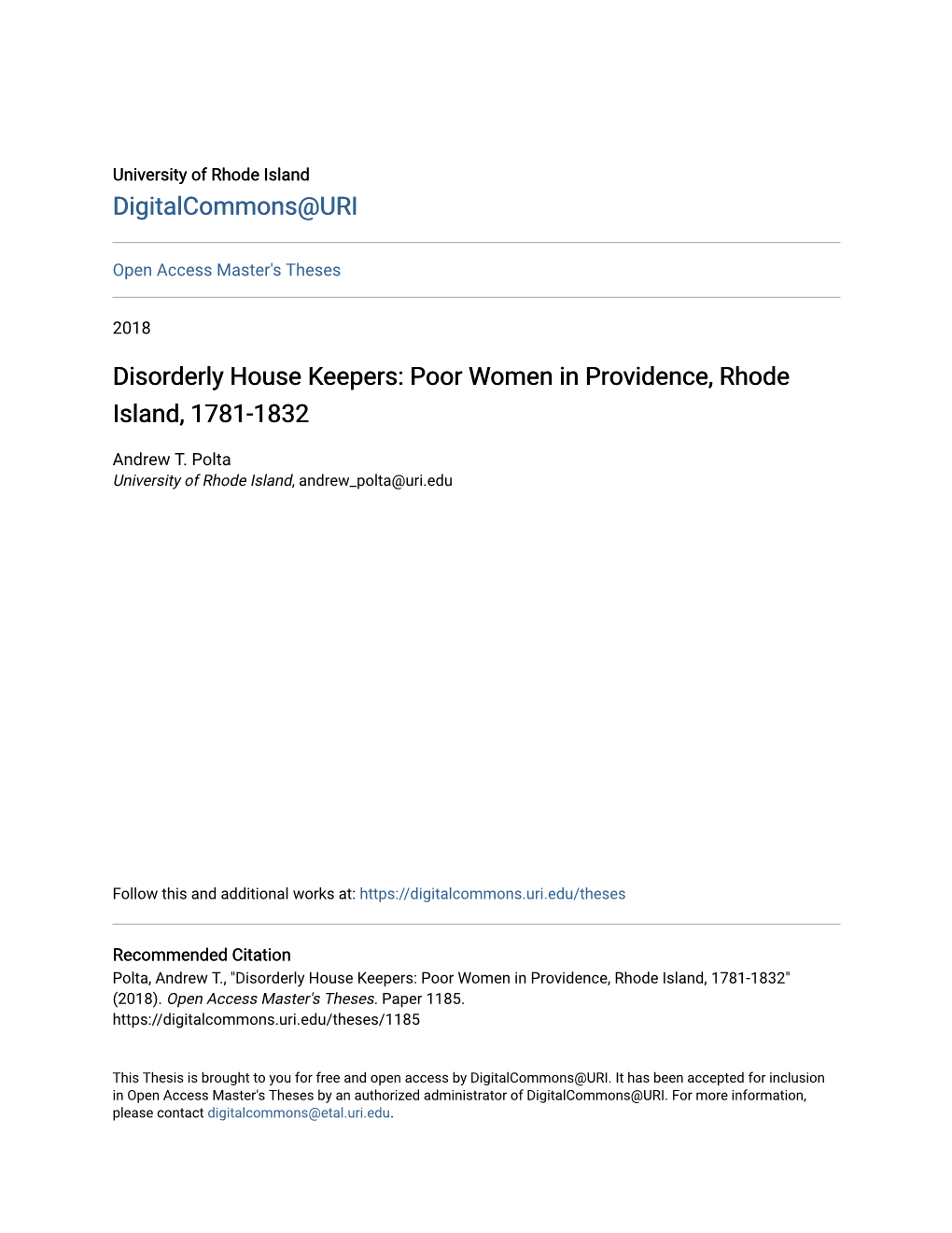 Disorderly House Keepers: Poor Women in Providence, Rhode Island, 1781-1832