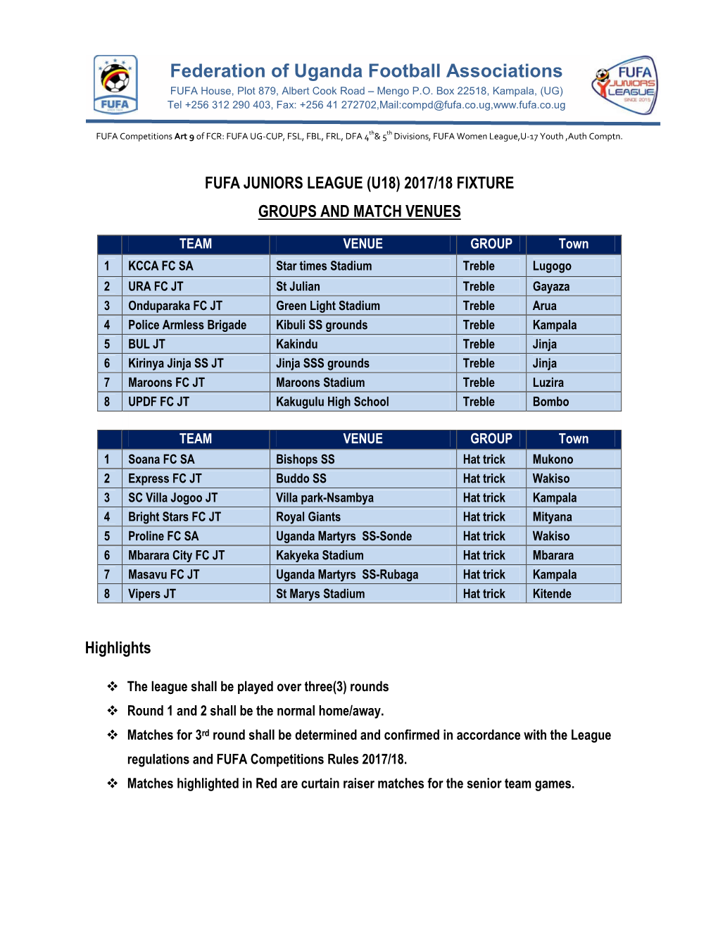 Fufa Juniors League (U18) 2017/18 Fixture Groups and Match Venues