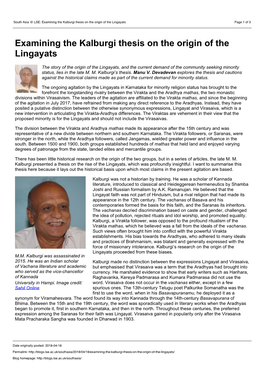 South Asia @ LSE: Examining the Kalburgi Thesis on the Origin of the Lingayats Page 1 of 3