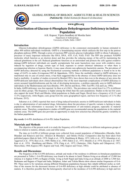 Distribution of Glucose-6-Phosphate Dehydrogenase Deficiency in Indian Population A.K