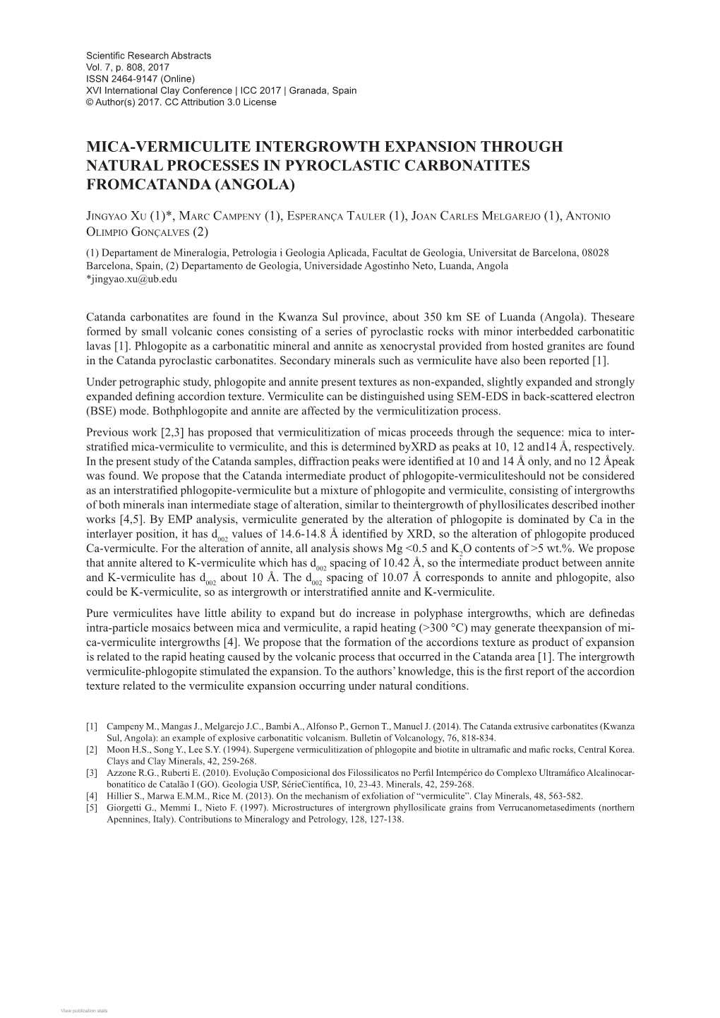 Mica-Vermiculite Intergrowth Expansion Through Natural Processes in Pyroclastic Carbonatites Fromcatanda (Angola)