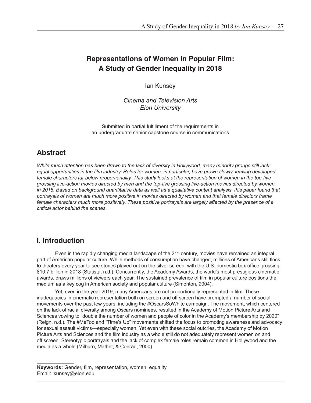 Representations of Women in Popular Film: a Study of Gender Inequality in 2018